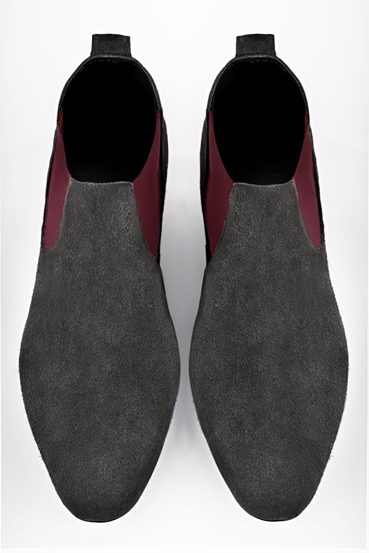 Dark grey and cardinal red dress booties for men. Round toe. Flat leather soles. Top view - Florence KOOIJMAN
